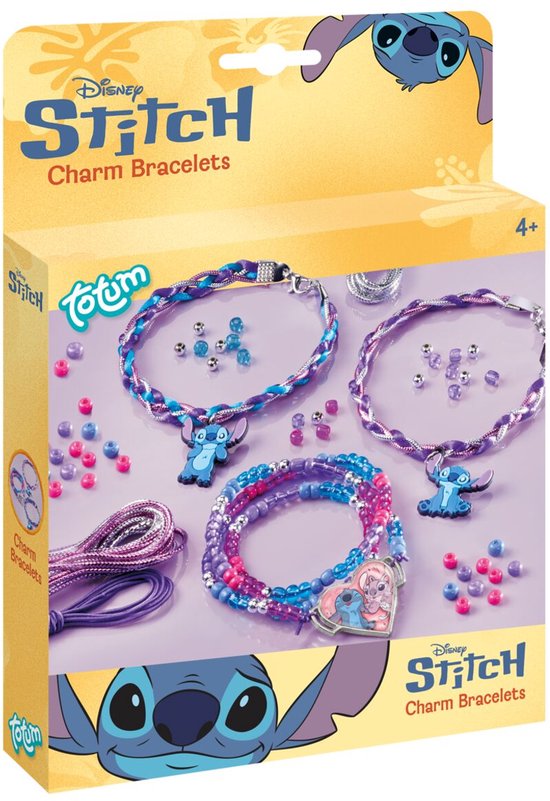 Réalisation de bracelets à breloques Totum Disney Stitch 3 avec perles et coeur et 2 breloques Stitch et techniques d'emballage et de tressage - speelgoed créatifs