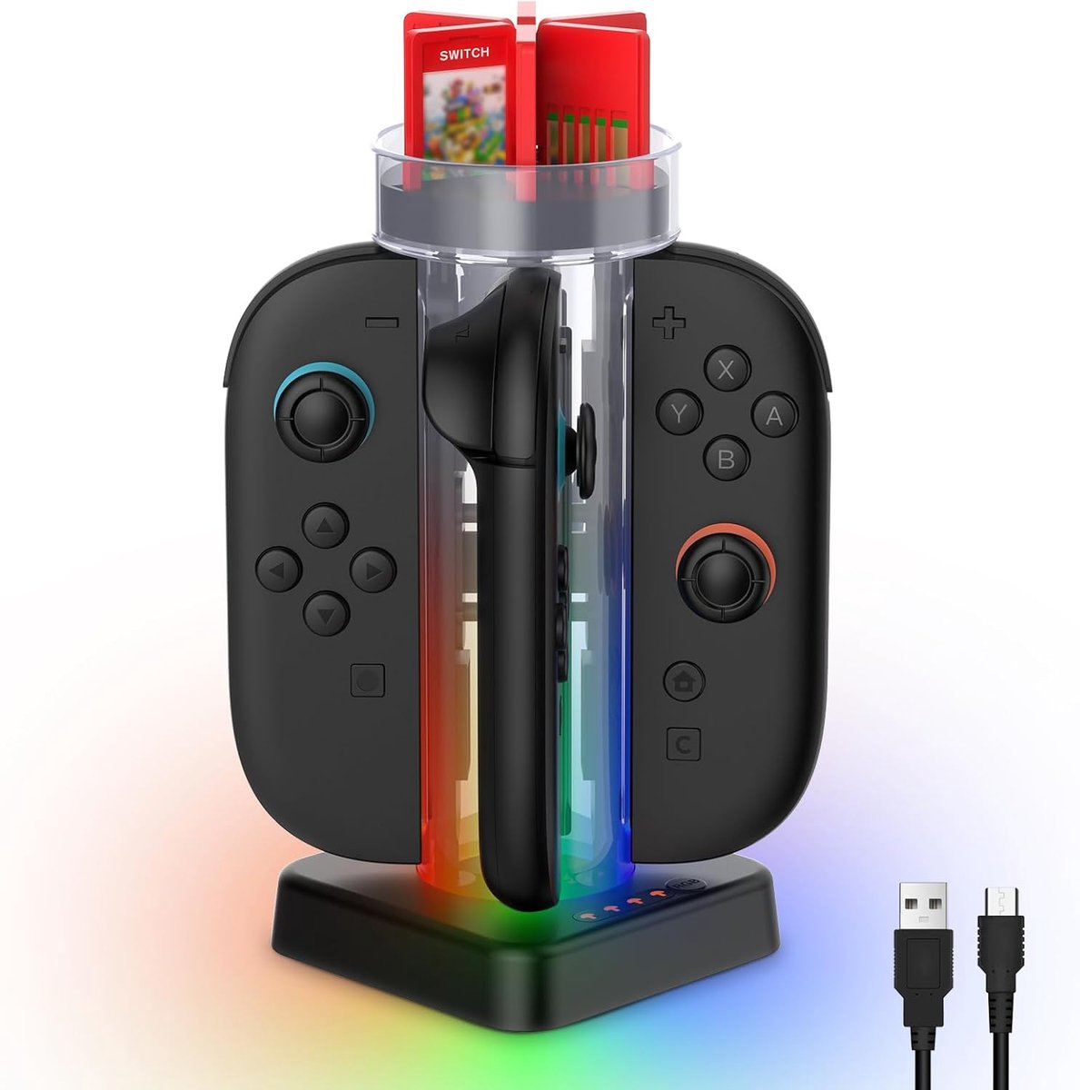 SnelShoppen - LONGYI Switch 2 Oplaadstation met 5 RGB Lichten, Oplaadstandaard voor Controllers Compatibel met JoyCons, Gaming Station met 6 Opbergvak