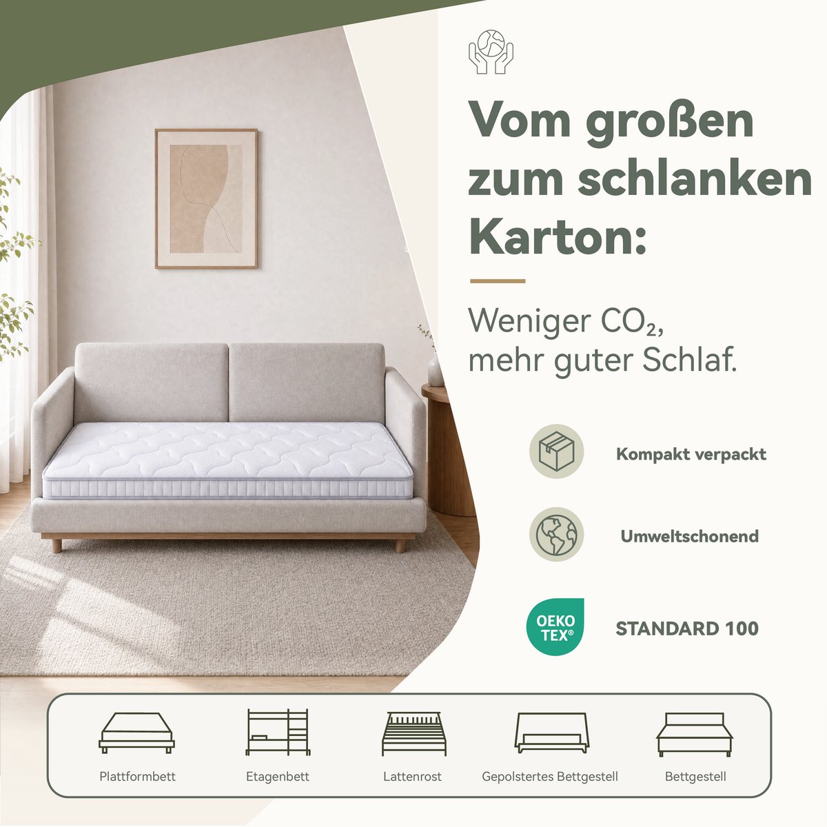 Pocketveringmatras 90x190x10 cm - 7 Zones Met Traagschuim en H3 Comfort - Voor Slaapbank Opklapbed en Logeerbed - Schuim en Veren - Wit