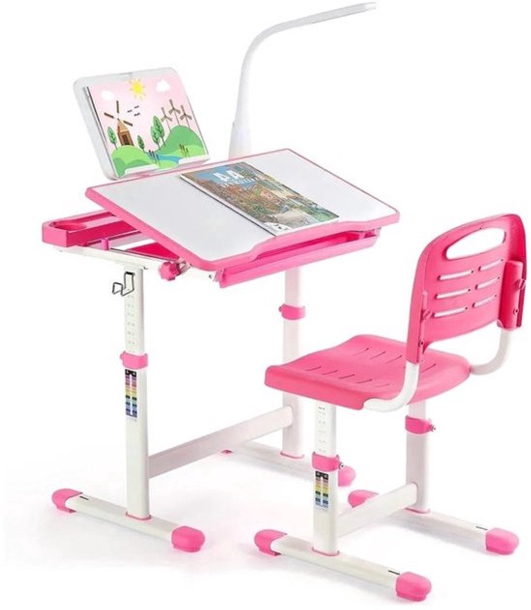Ergonomisch Kinderbureau – Kinderbureau Met Stoel – Verstelbaar Bureau – LED Leeslamp – Ka