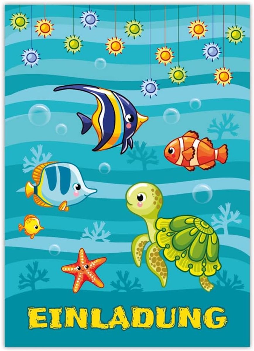 SnelShoppen - 12 Kinderverjaardagsuitnodigingen Kaarten - Jongens & Meisjes - Vissen Thema - 10.5 x 14.8 cm - UV Gelakt - Perfect voor Feesten