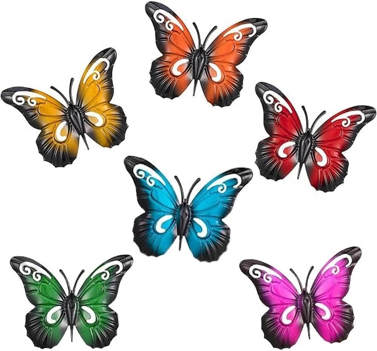 SnelShoppen - 6 Stuks Kleurvolle Metaal Vlinder Tuin Wanddecoratie - Miniatuur Sculpturen voor Tuin, Schutting & Terras - 9.5x8cm