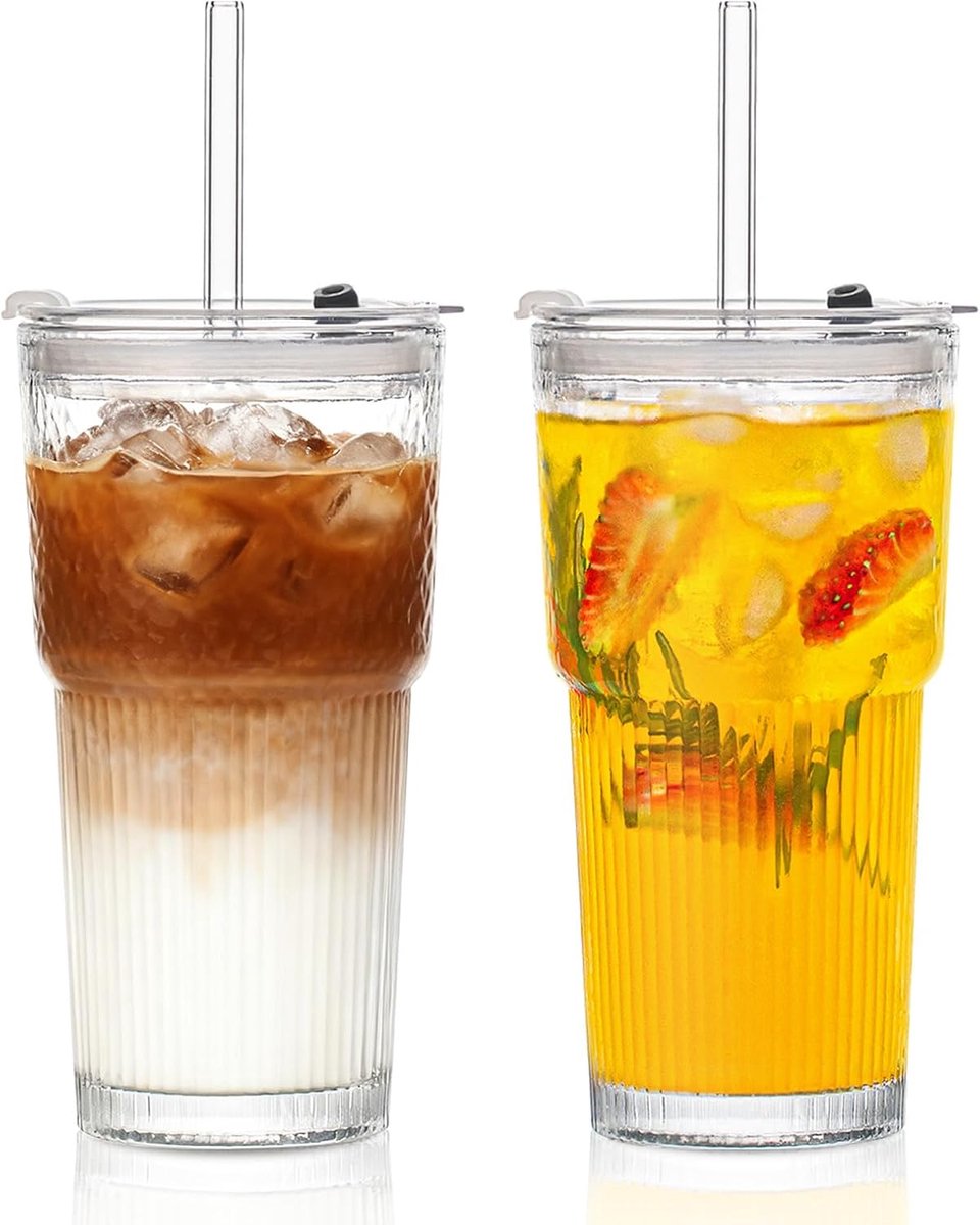 SnelShoppen - Ribbelglazen met Deksel en Rietje 580ml - Set van 2 - Perfect voor Ijskoffie, Smoothies, Sappen en Koude Dranken - Vaatwasserbestendig e
