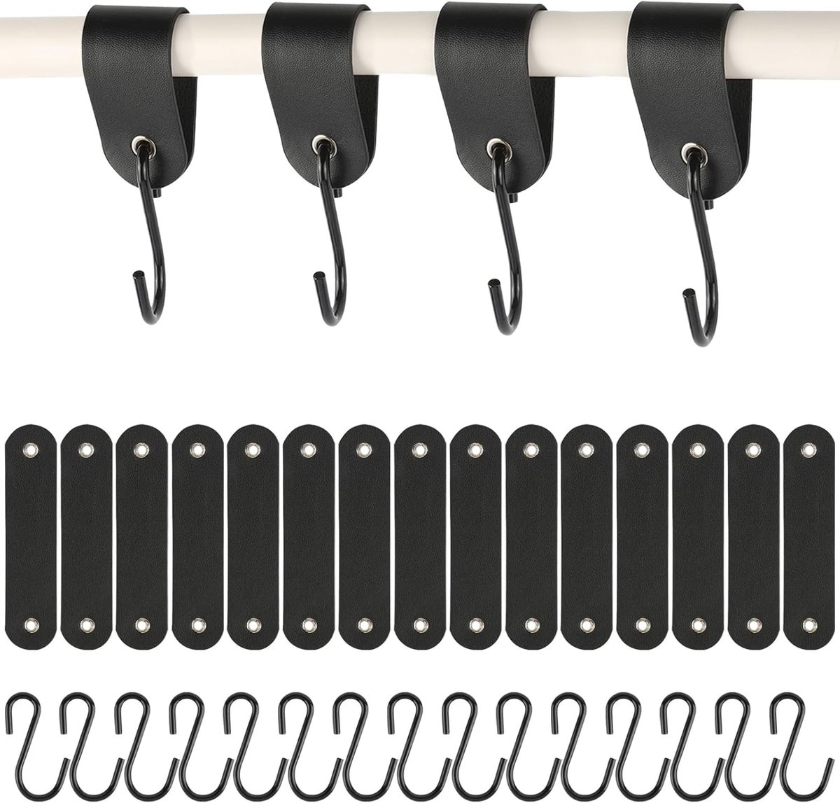SnelShoppen - 15-delige Set Leer Lussen Haken RVS Haken Zwart 12,5 x 3 cm Haken voor Kleding, Garderobe, Kamperen