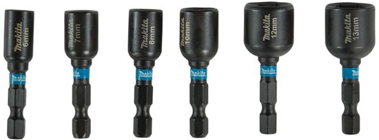 Makita dopsleutels 6mm, 7mm, 8mm, 10mm, 12mm en 13mm op een rij.
