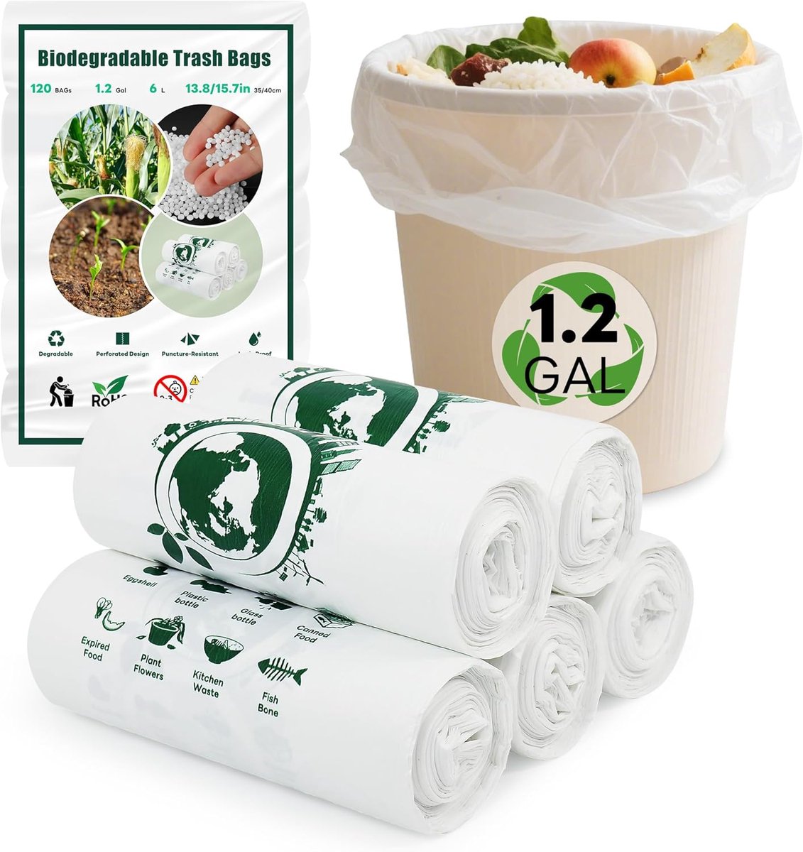 SnelShoppen - Biodegradeerbare Organische Afvalzakken 120 Stuks, 6L, Kleine Compostzakken, 100% Gerecycled, Ideaal voor Keuken en Tuin