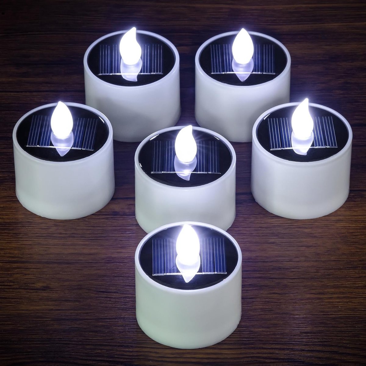 SnelShoppen - Pack van 6 Oplaadbare Solar Theelichten - Waterproof Flickering LED Kaarsen voor Tuin, Feest en Buiten Decoratie - Koud Wit
