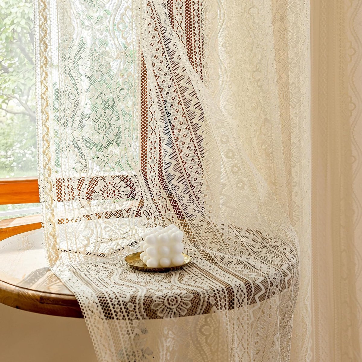 SnelShoppen - Kanten gordijnen met bloemen, geborduurd, landelijke stijl, transparant beige, set van 2, h 245 x b 140 cm, ideaal voor woonkamer, retro