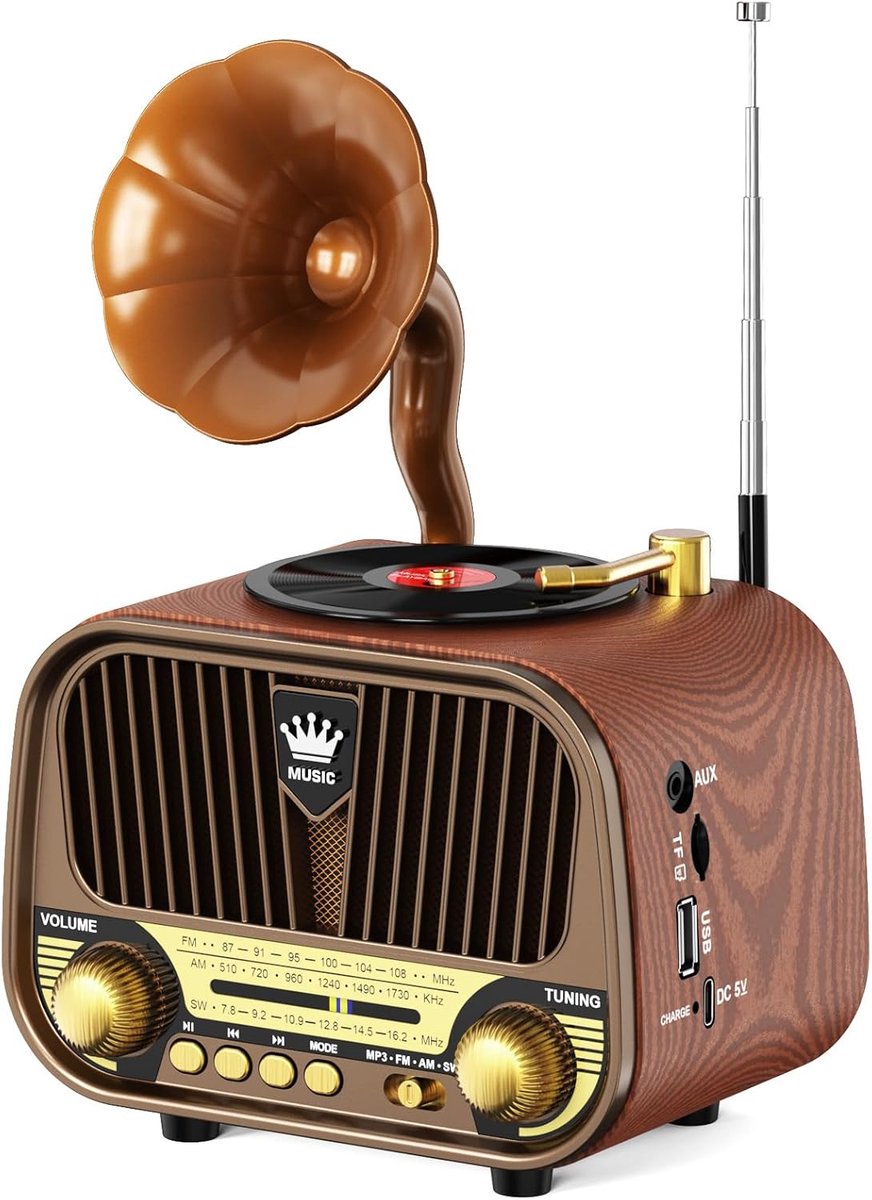 SnelShoppen - Retro AM/FM/SW Radio - Draagbare Oplaadbare Radio met Bluetooth 6.0, 1800mAh, 5W Speaker, USB/TF/AUX Functies - Vintage Design voor Fees