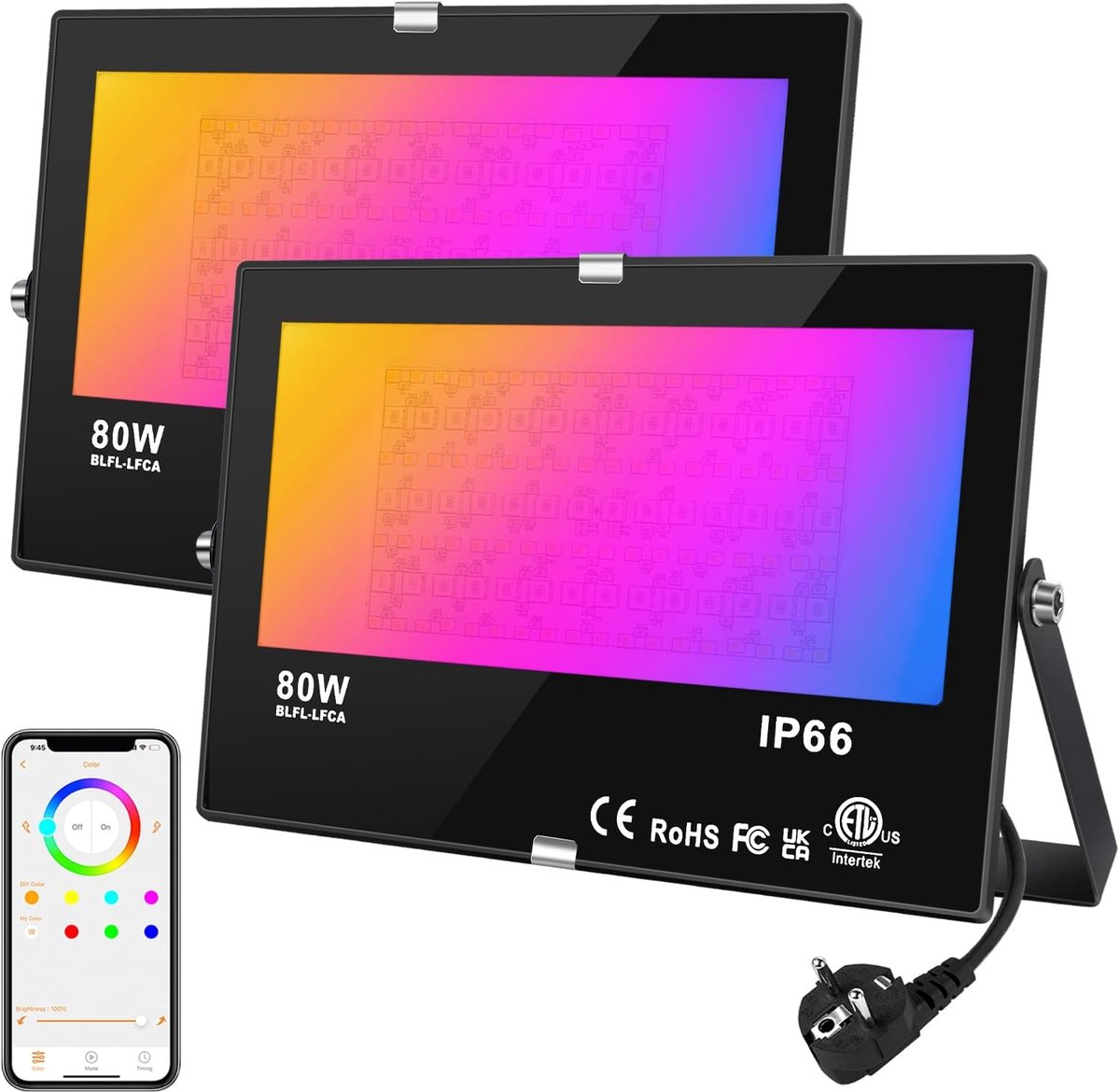 SnelShoppen - RGB LED Spot Outdoor 80W Set van 2, Slimme Dimbare LED Floodlight, IP66 Waterproof, 16 Miljoen Kleuren, Bluetooth APP Controle, Perfect