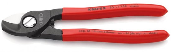 Grijze kniptang met rode handvatten, met tekst 'KNIPEX 95 11 165 MADE IN GERMANY' en 'cap. Ø 15mm/50mm² Cu+Al (do not cut steel)'.