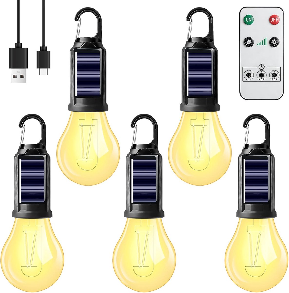 SnelShoppen - Pack van 5 Camping Lichten, Oplaadbare LED Solar Lampen met Afstandsbediening, Waterdichte Campingverlichting met 3 Helderheidsstanden v