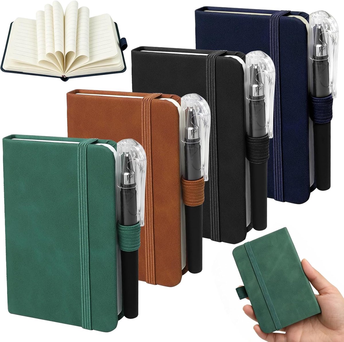 SnelShoppen - 4 Stuks A7 Notitieboekjes met 4 Pennen, Hardcover Mini Notebooks 11 x 8 cm, 200 Pagina's, Penhouder, Elastische Sluiting voor Reizen, Do