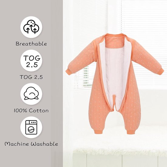 Winter Babyslaapzak 2,5 TOG met Voeten en Afneembare Mouwen van Biologisch Katoen voor Baby's en Peuters - Oranje, M — afbeelding 3