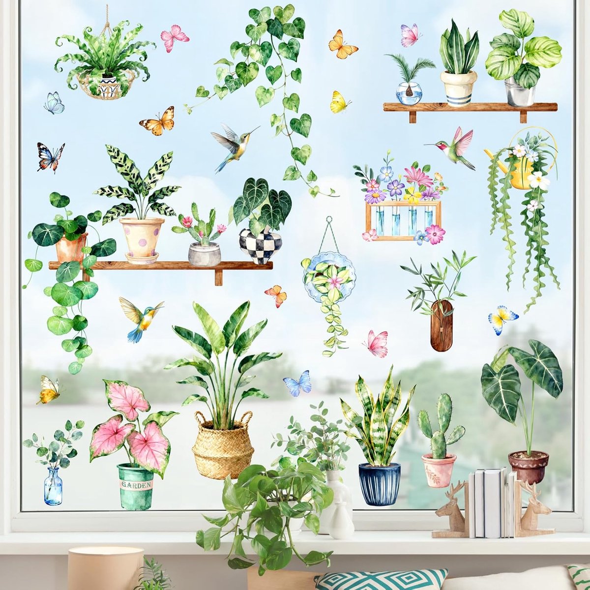 SnelShoppen - Vensterstickers Zomer Groene Potplanten - Zelfklevende Bladeren Groene Planten en Vogels - Anti-Collisie Raamfolie voor Glasdeuren - Raa