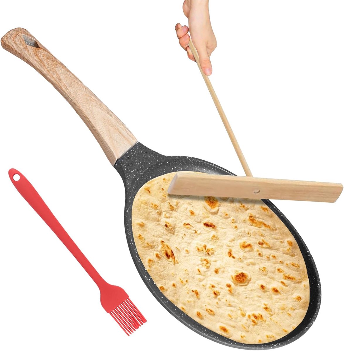 SnelShoppen - 20cm Pancake Pan, Crepe Pan Inductie, Antiaanbak en Krassenbestendig, Inclusief Deegverdeler en Houten Lepel, Plat Pannetje voor Pizza e