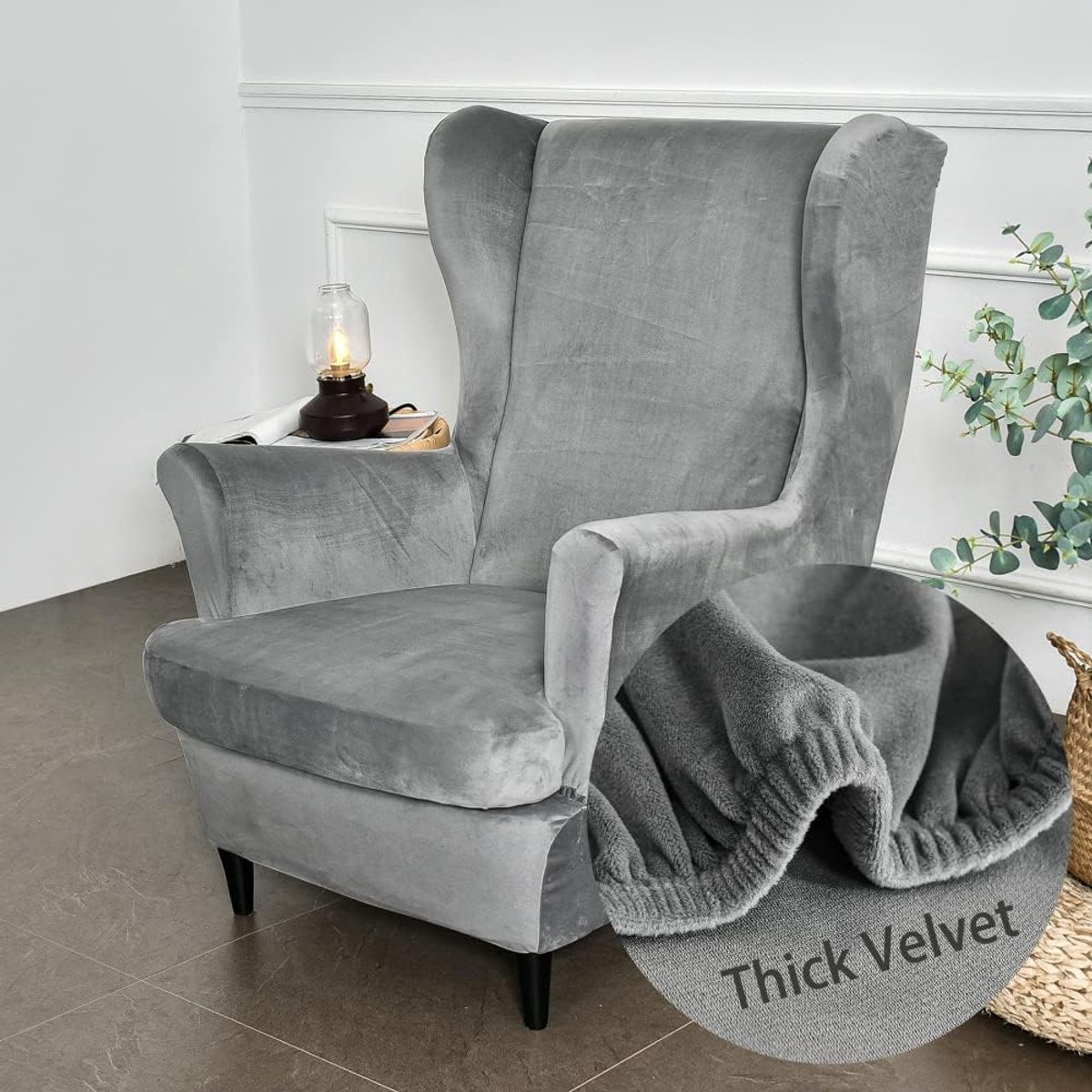 SnelShoppen - 2 Stuks Stretch Wing Chair Covers - Luxe Grijze Velvet Strandmon Sofa Bescherming voor Relaxfauteuils - Perfect voor Woonkamer, Slaapkam