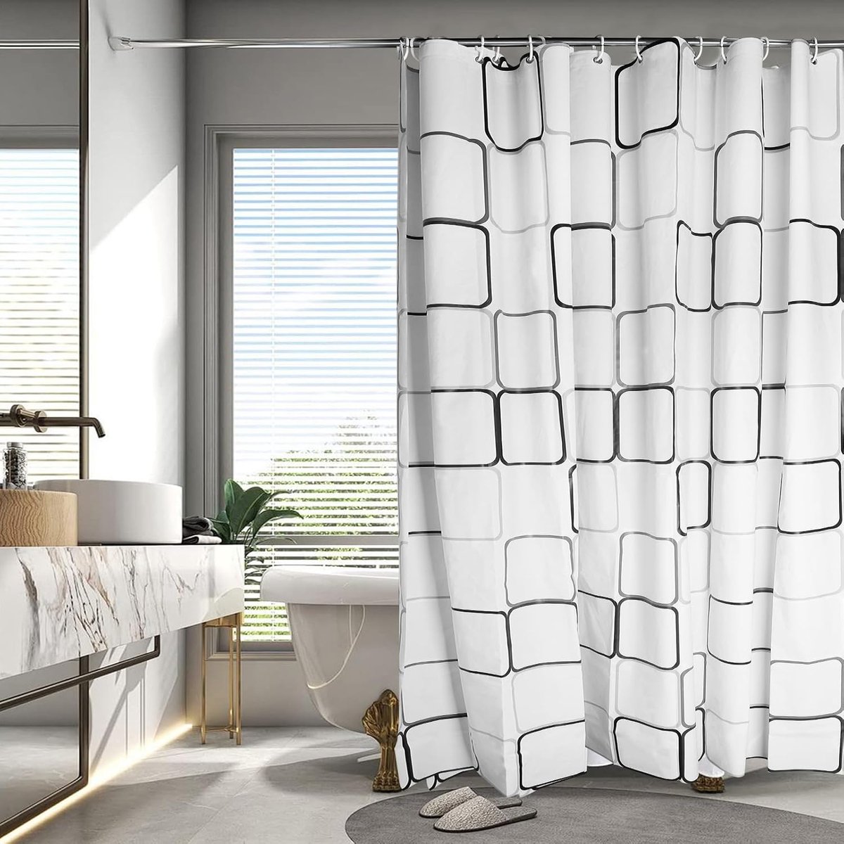 SnelShoppen - Douchegordijn 200 x 200 cm Waterdicht Anti-Mould PEVA met 12 Ringen en 2 Transparante Haken voor Badkamer en Badkuip