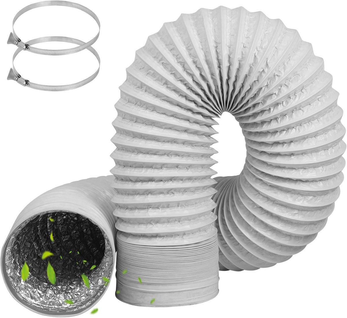 SnelShoppen - Flexibele Drain Hose 100 mm - 2 m PVC Aluminium Ventilatiepijp met 2 RVS Slangklemmen - Wit voor Extractor Hood en Ventilatiesystemen
