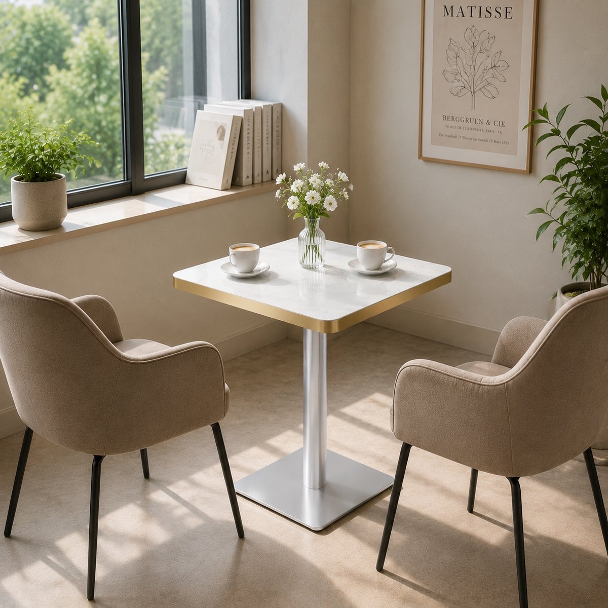 HAUSS SPOLE Eettafel - Vierkante Tafel Met Marmerlook En Gouden Rand - Voor Eethoek En Bistro - MDF En Metaal - 60x60x74 Cm - Wit