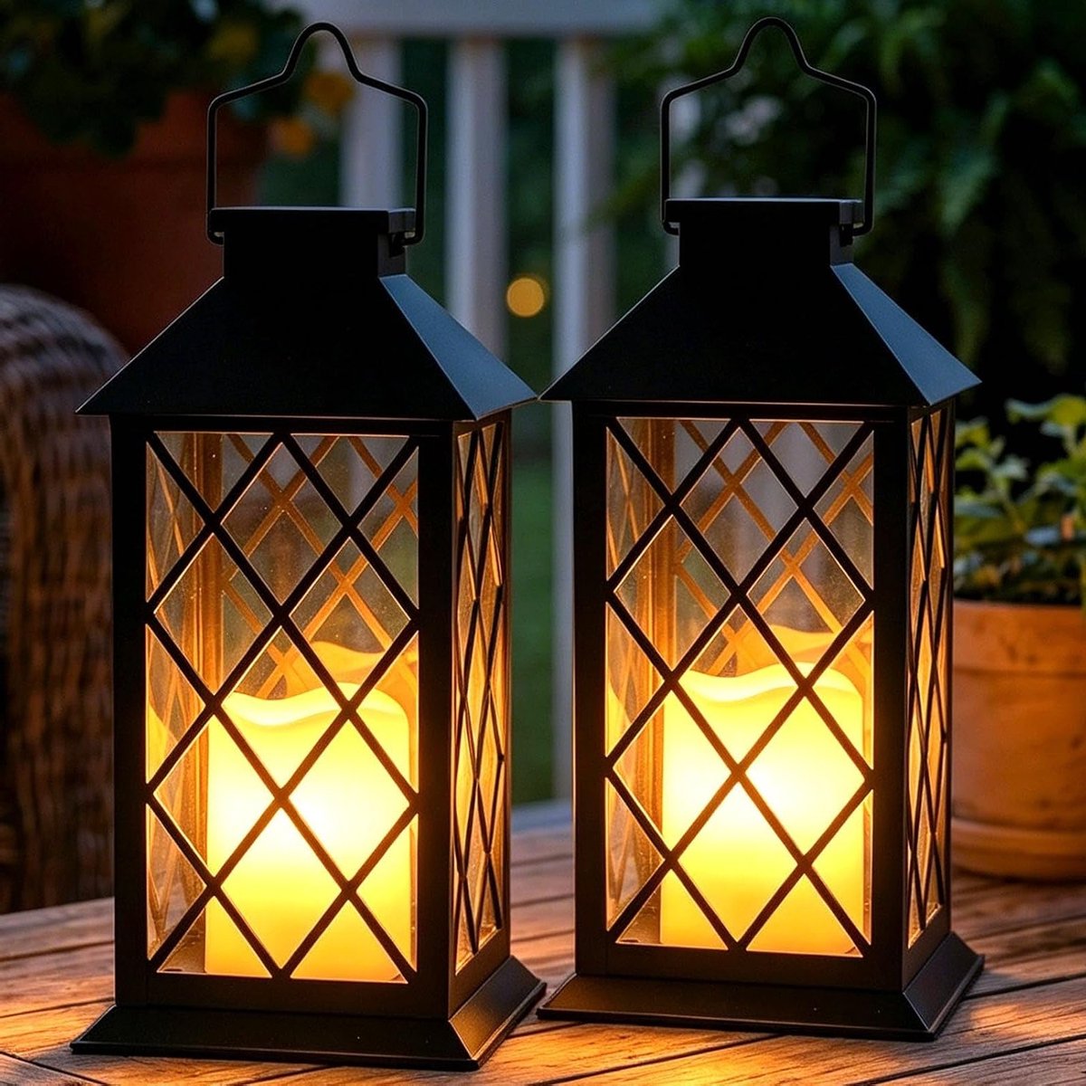 35 cm Buitenverlichting met Zonne-energie, 2 Stuks LED Lantaarn met Vlam Effect, Waterdichte Tuinlamp voor Tafel en Patio Decoratie