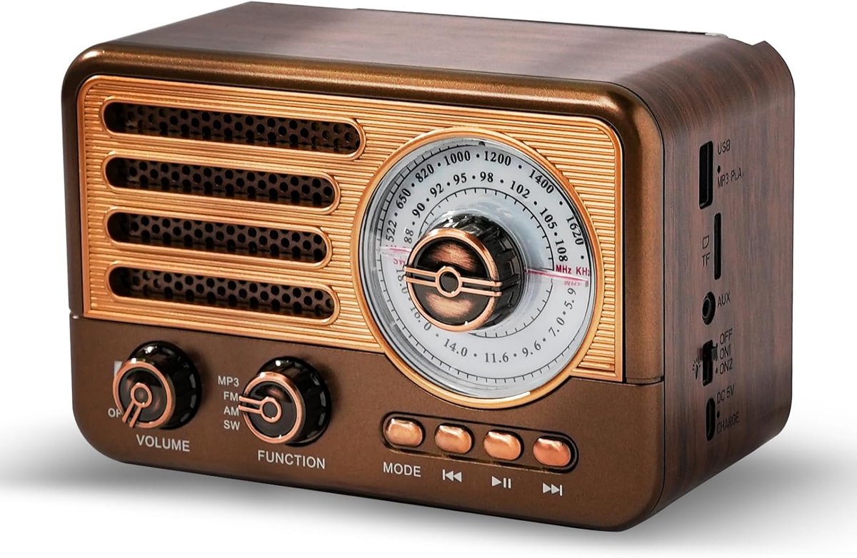 SnelShoppen - Retro Transistor Radio met Batterij, Draagbare AM-FM-SW Radio, Oplaadbare 1800mAh Lithium Ion Batterij, Ondersteunt TF Card/Aux/USB MP3