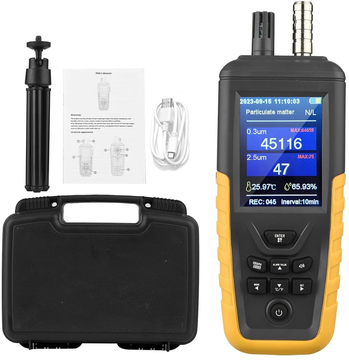 SnelShoppen - Air Quality Monitor CO2 Meter PM0.3/2.5/10um Deeltjesmeter met 3-Kanaals Sensortechnologie, USB Oplaadbaar, Temperatuur en Vochtigheid M