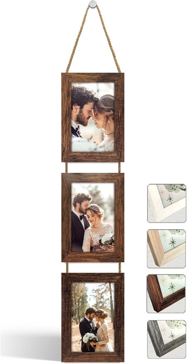 SnelShoppen - Decoratieve Meerdere Fotolijst voor Wanddecoratie - Houten Collage Fotolijst met Touw - Voor 3 Foto's 10 x 15 cm (Verouderd Hout, Vertic