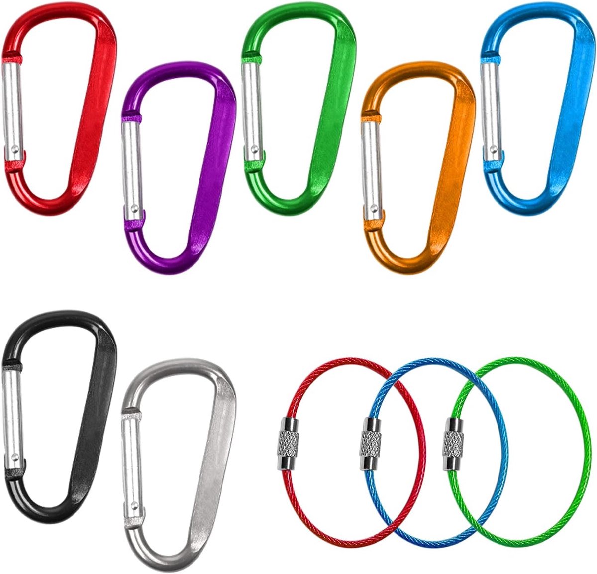 SnelShoppen - Carabiner Set 10 Stuks D Type Aluminium Legering Karabiners in 7 Kleuren met 3 Draadkabels voor Camping, Hiking, Vissen en Outdoor Activ