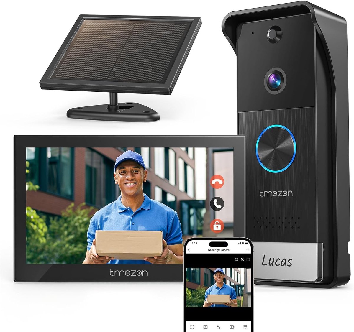 SnelShoppen - WLAN Draadloze Video Deurintercom met 7" Touch Screen, 1080P HD Camera, Solar Deurbeld, 160° Hoek, 2-Weg Audio, PIR Bewegingsdetectie, A