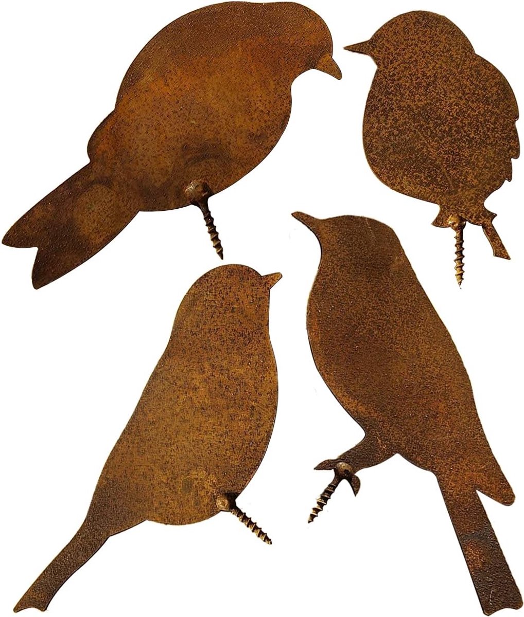 SnelShoppen - Rusty Birds voor Hout, 4 Patina Vogels, Tuinstekers, Roestige Tuindecoratie, Eekhoorn, Roestdecoratie, Boomstuds, Tuinaccessoires