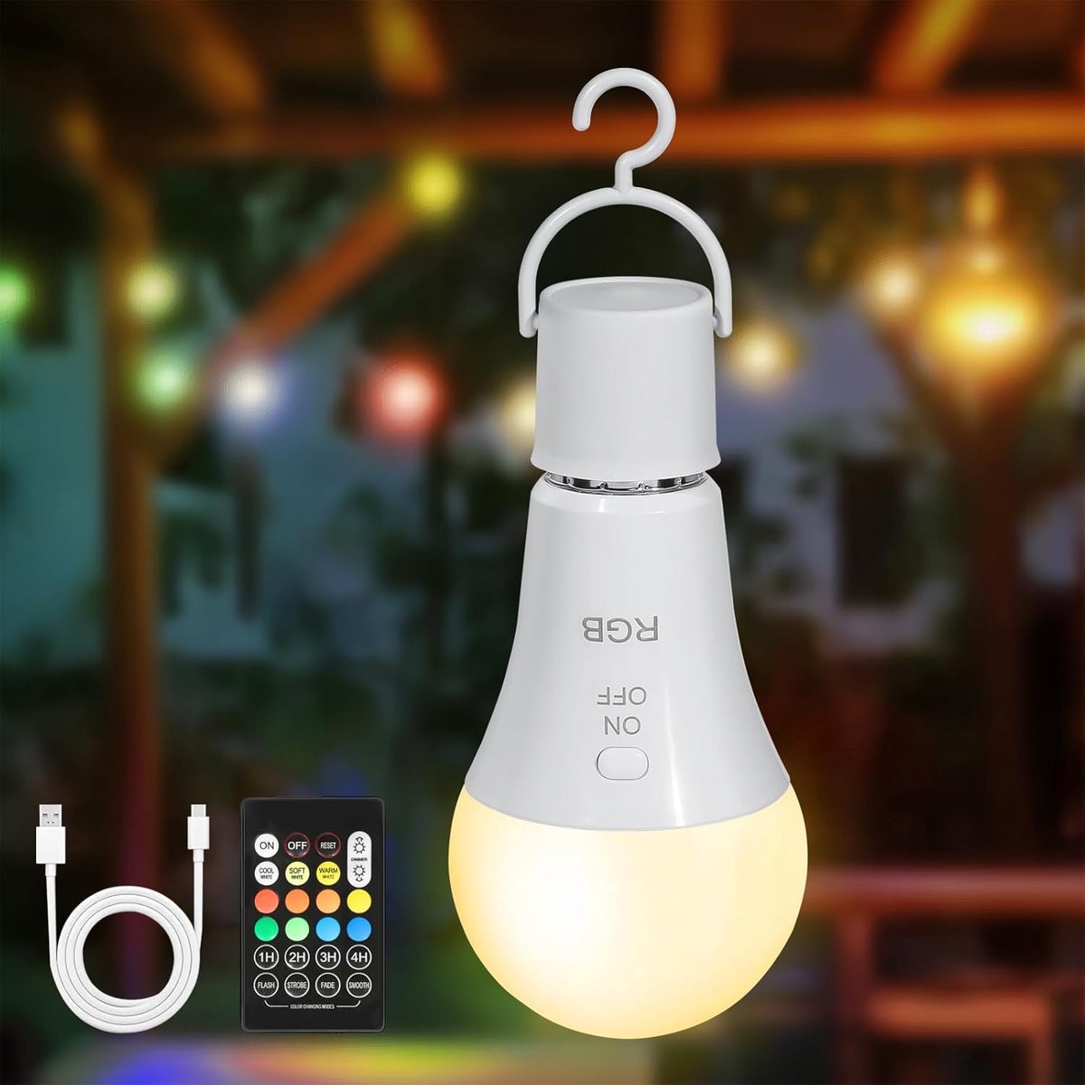SnelShoppen - RGB LED Lamp E27 met Afstandsbediening, Oplaadbare 7W Dimbare Lamp voor Buiten, 2000 mAh met Haak, Perfect voor Camping, Feest en Tuin