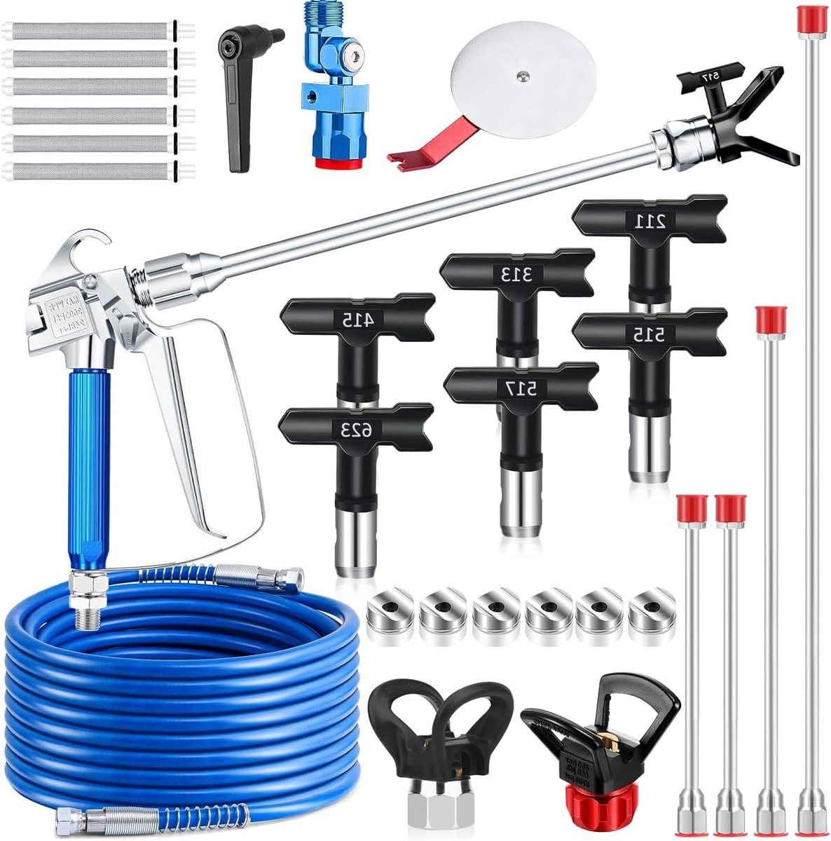 Complete verfspuitset met 22 onderdelen, 3600 psi, luchtdrukloos, 15 m slang, 6 spuitmonden, 4 verlengstangen en accessoires voor professioneel schilderen