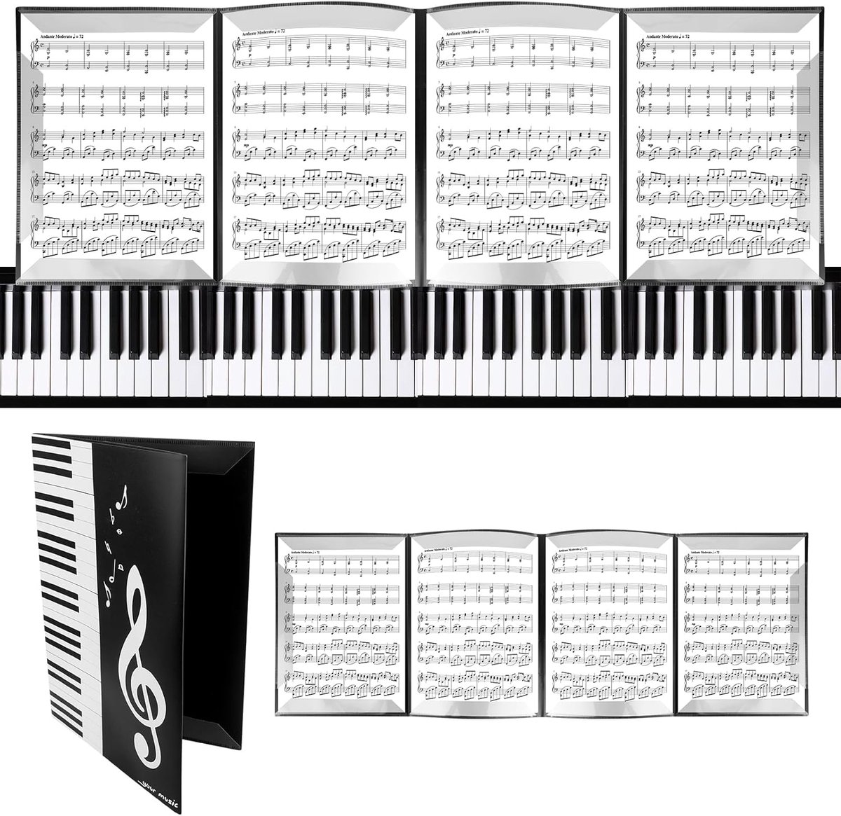 SnelShoppen - Music Folder A4, Waterproof 6-Zijdige Muziekmap, Vouwbaar voor Muzikanten, Zangkoor, Zwart, Ideaal voor Pianisten en Optredens