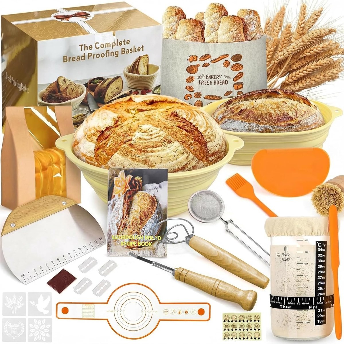 SnelShoppen - Sourdough Bread Bakset - Complete Sourdough Starter Set met 2 Siliconen Rijsmanden (Rond 23cm, Ovaal 25cm), Bakaccessoires & Starterpot