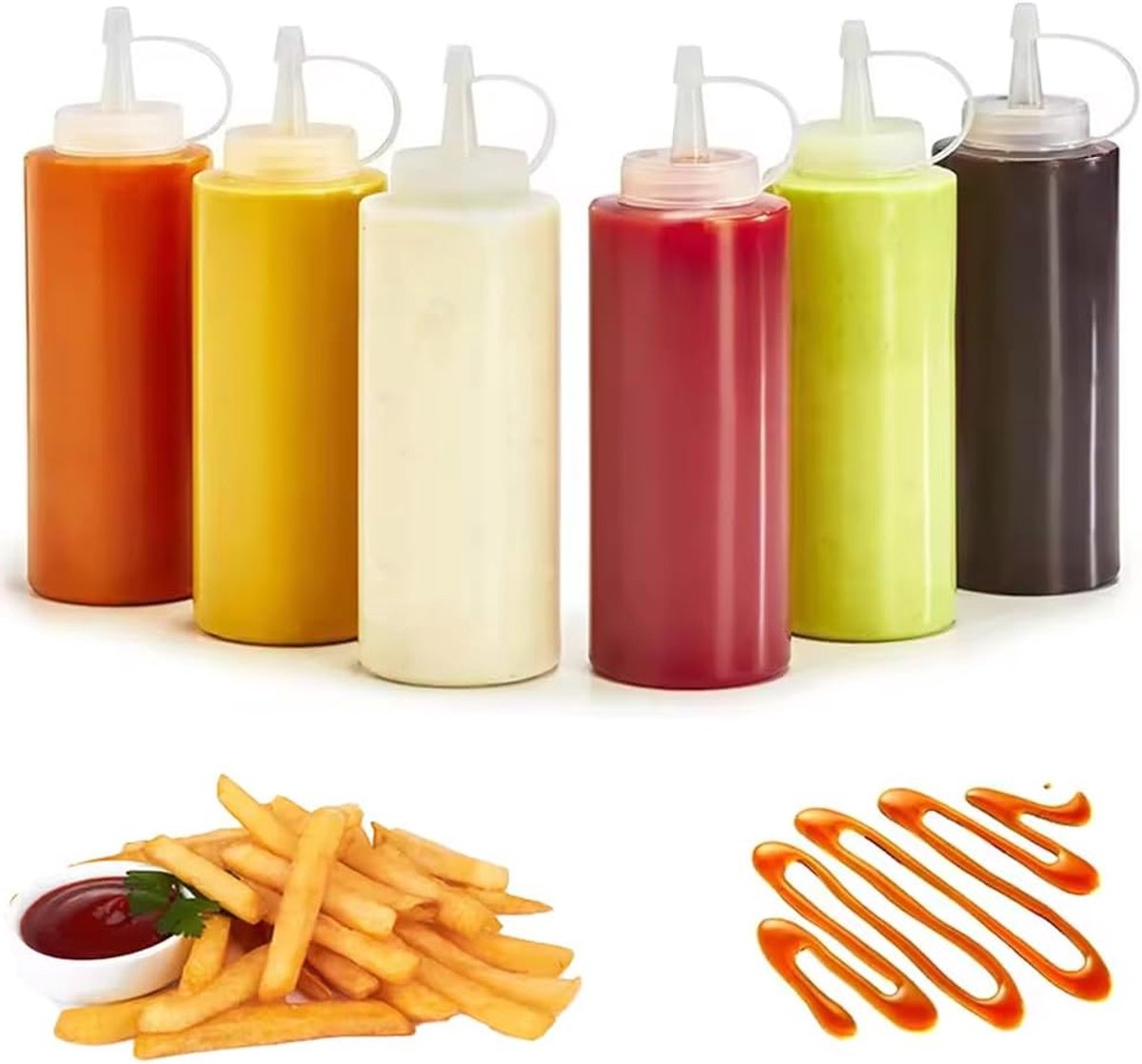 SnelShoppen - Pack van 6 Squeeze Flessen 240 ml Transparante Sausflessen met Kom en Draai Sluiting, Perfect voor Ketchup, Mayo, Mosterd en Sauzen voor