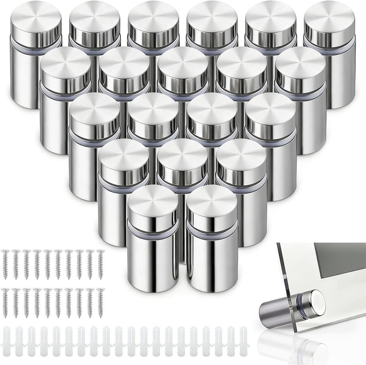SnelShoppen - Pack van 20 RVS Spacers 19 x 25 mm Wandspacers RVS met Pluggen en Schroeven