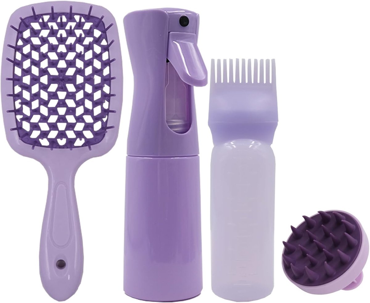 SnelShoppen - 4-delige Haarverzorgingsset met Haarsprayfles, Scalp Massage Borstel, Wijd Tanden Kam en Haarolie - Ideaal voor Haarverf en Scalp Verzor