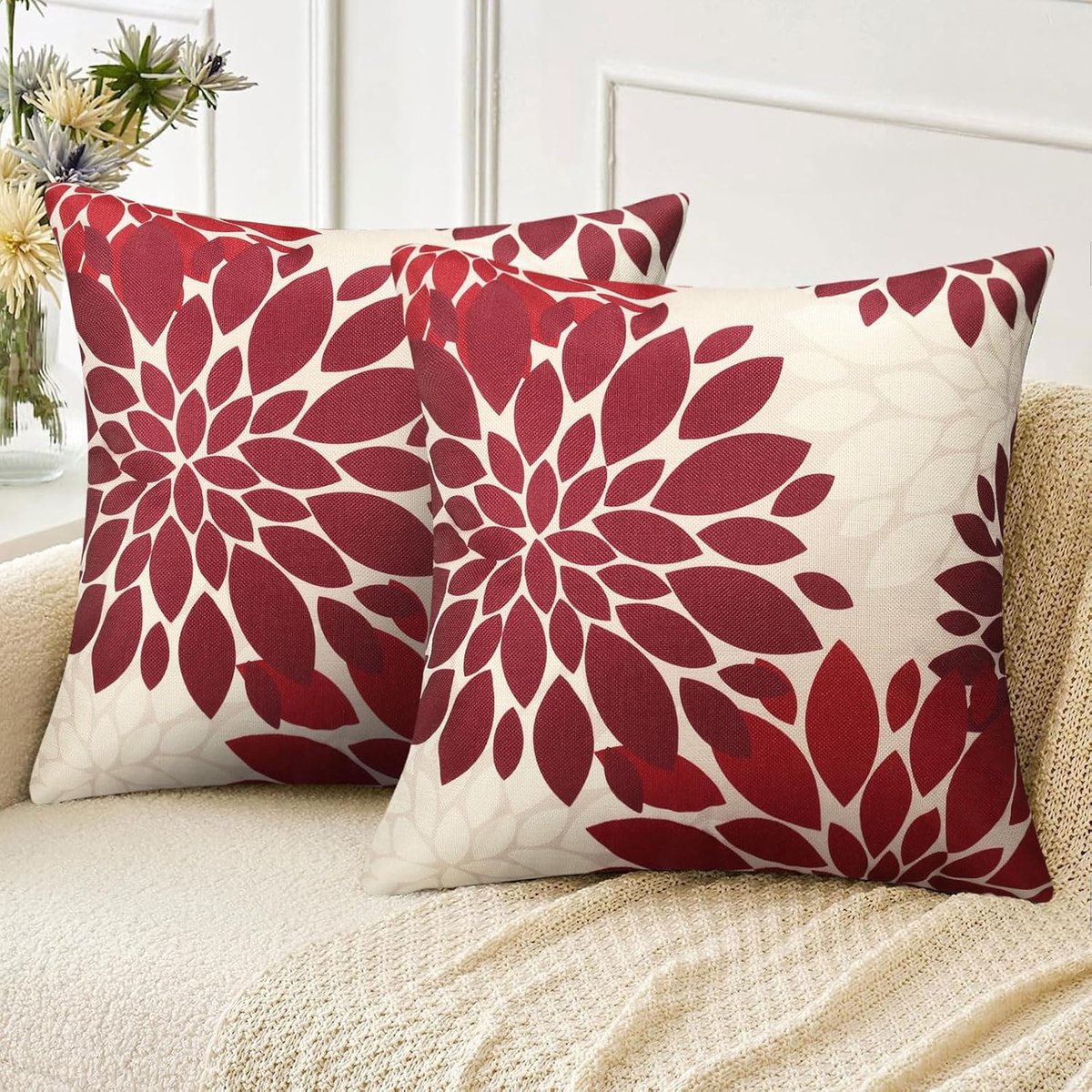 SnelShoppen - Set van 2 Sofa Kussenslopen 50x50 cm Rood Wit Abstract Dahlia Bloem Kussenhoezen van Linnen voor Woonkamer Slaapkamer Tuin Decoratie