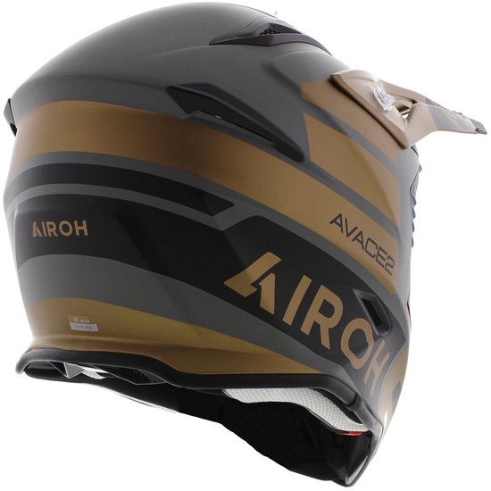 Arrière d'un casque tout-terrain doré mat et gris avec des rayures noires. Logos "AIROH" et "AVACE2".