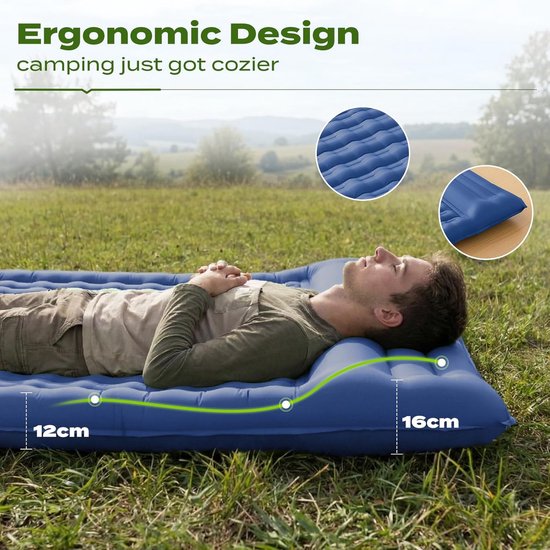 Zelfopblazende slaapmat - Kampeer matras - Comfortabel slapen buiten - Geïntegreerd hoofdkussen - 12 cm dik - Marineblauw — afbeelding 2