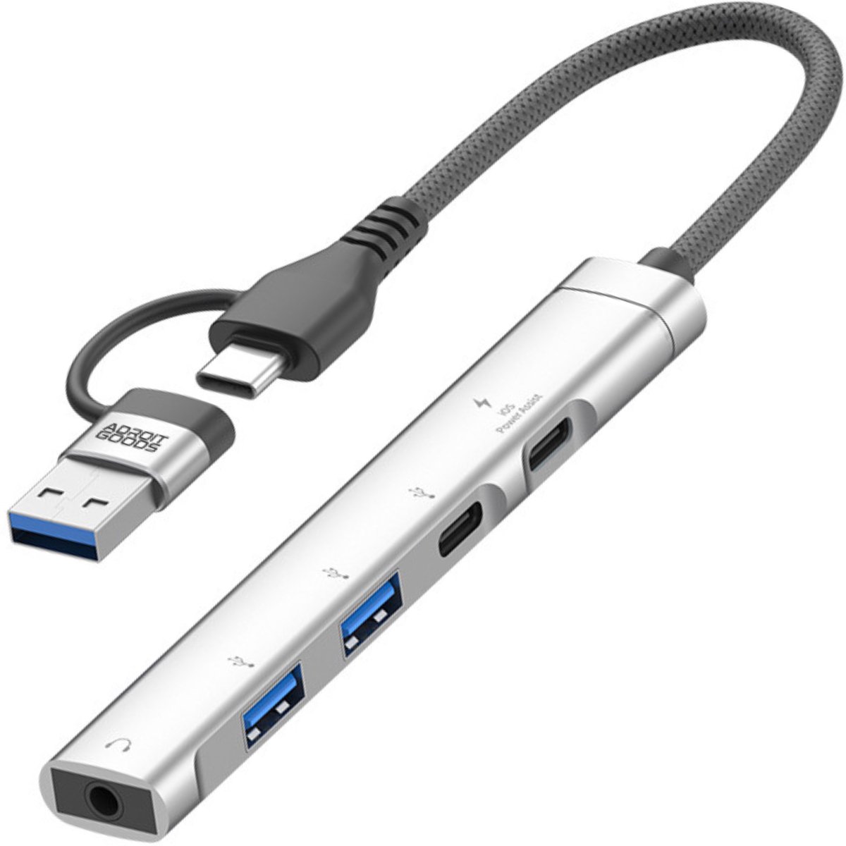 AdroitGoods USB-C & USB-A Hub 5-in-1 – 2x USB-A – USB-C Data & Opladen – 3.5mm Audio – OTG Adapter – Compacte Multiport Splitter voor Laptop Smartphone Tablet - Silver