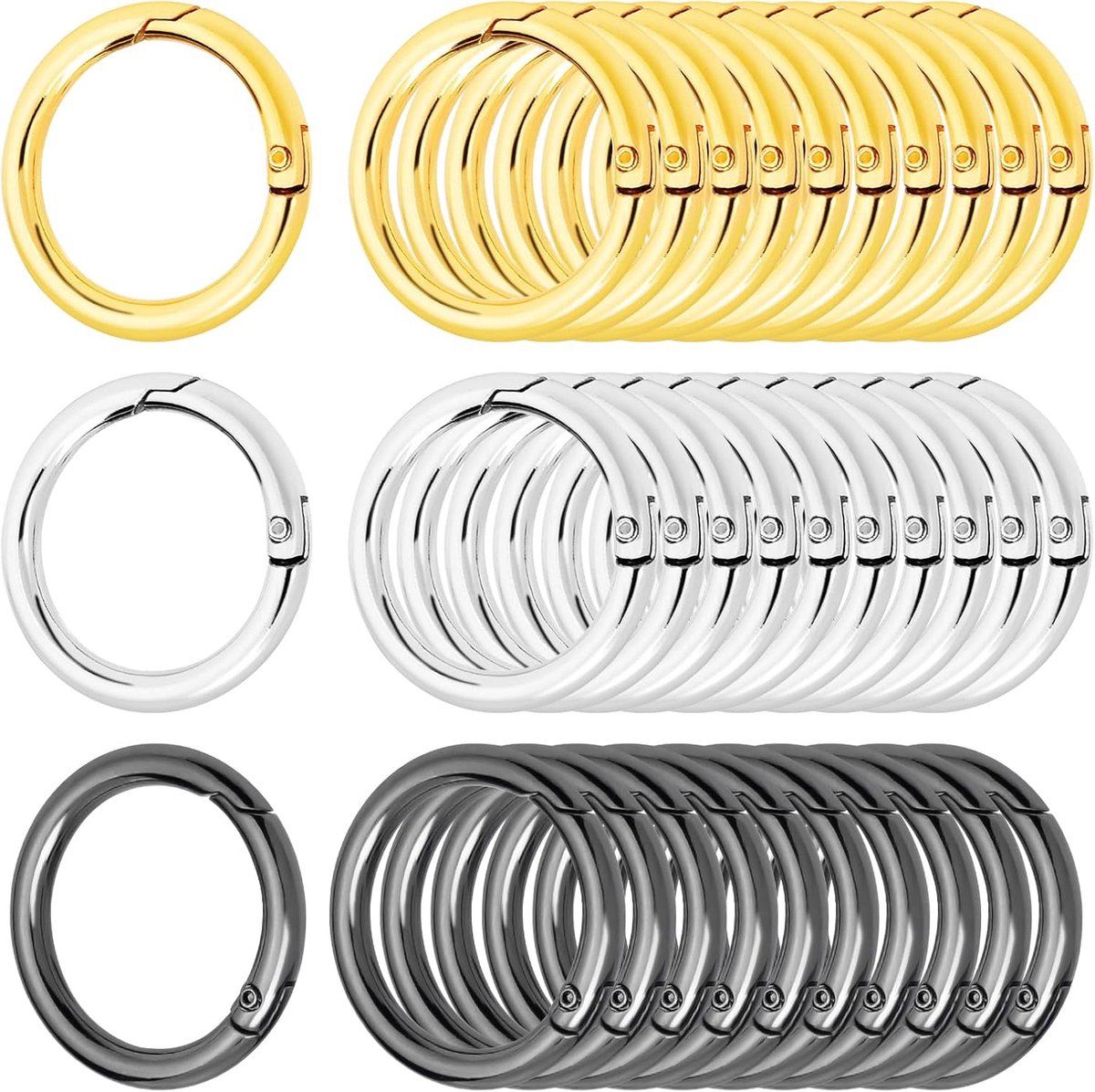 SnelShoppen - Pack van 30 Carabiners, Multifunctionele Handtas Haken, Ronde Haakjes, Zinklegering, 27 mm, Lichtgewicht en Duurzaam, Goud-Zilver, Voor