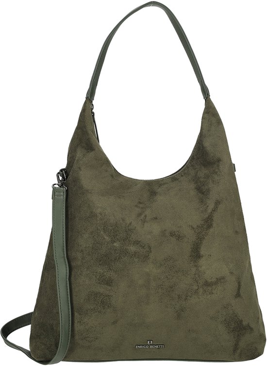 Olijfgroene suède shopper tas van Enrico Benetti met een enkele schouderband en een afneembare schouderband.