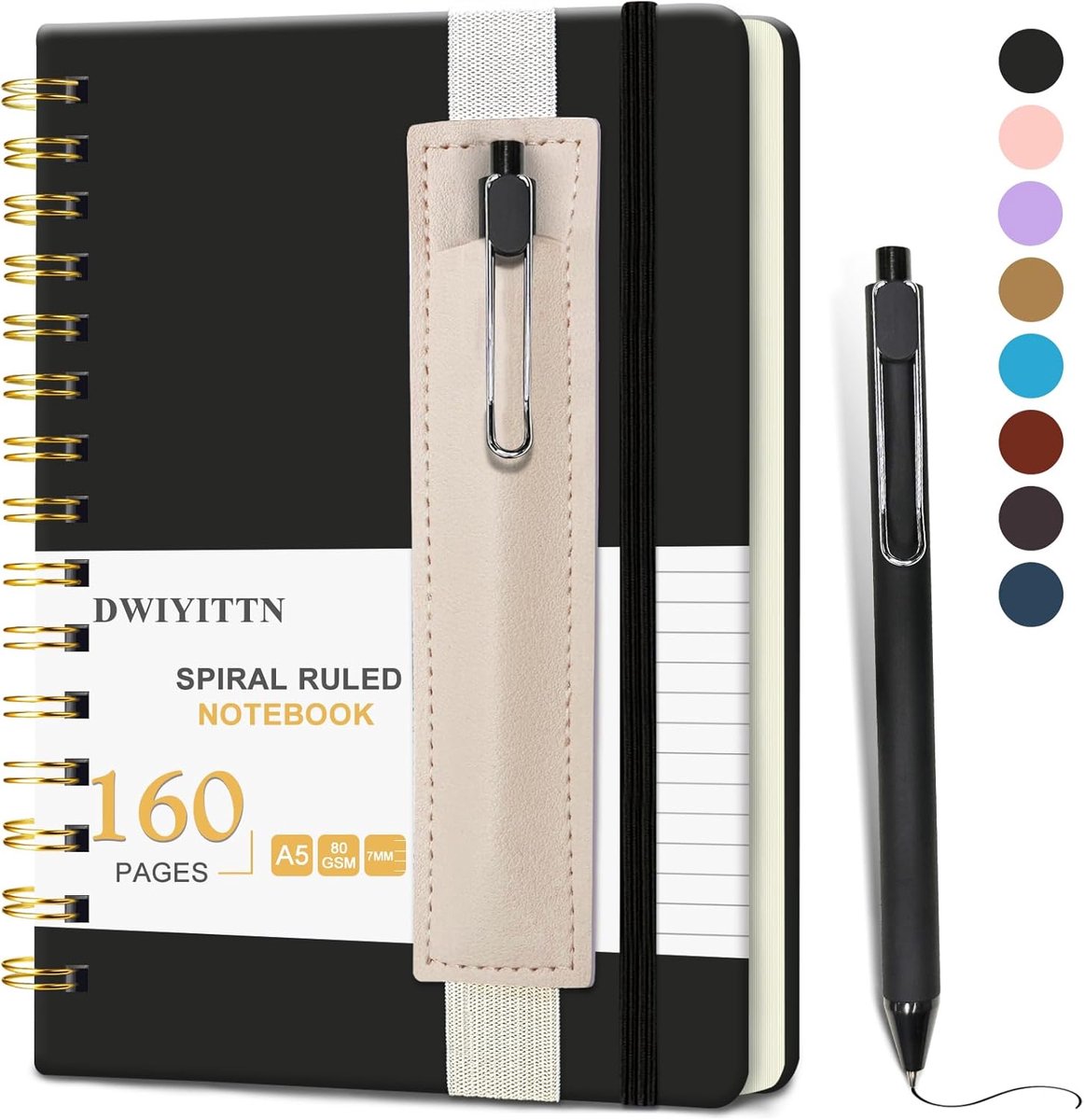SnelShoppen - Small Spiral Notebook A5 14.5x21cm met 160 Gelijnde Pagina's, Penhouder en Balpen - Zwart Reisper boekje voor School, Studie, Werk en No