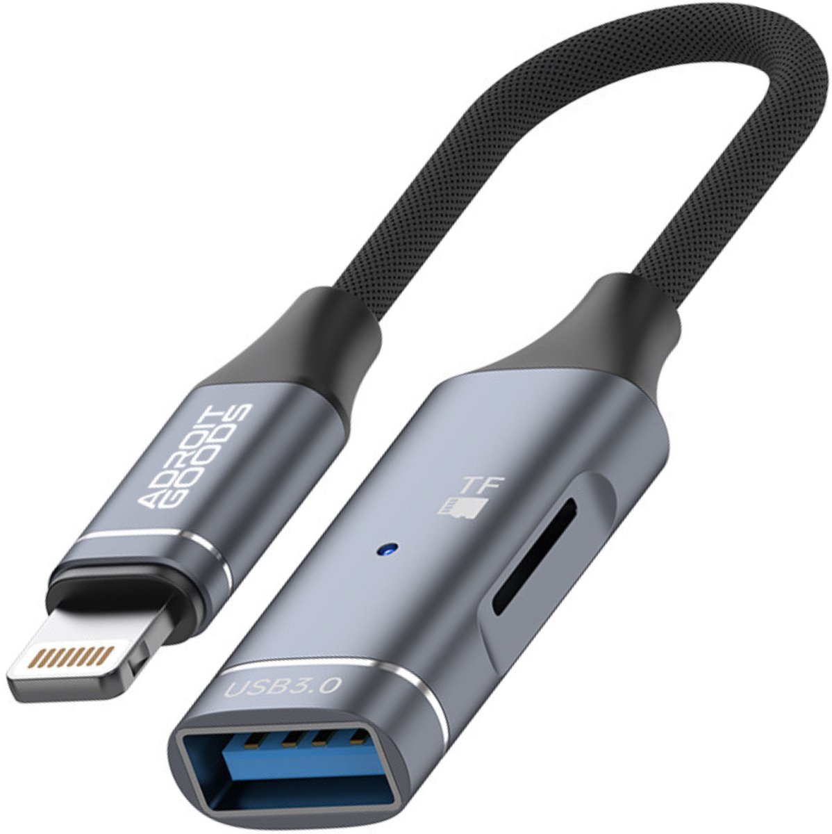 AdroitGoods USB-A OTG Adapter met TF Kaartlezer geschikt voor Lightning – USB 3.0 5Gbps – Compacte 2-in-1 Hub – Geschikt voor iPhone, iPad en Apple – Plug & Play Data Adapter - Grijs