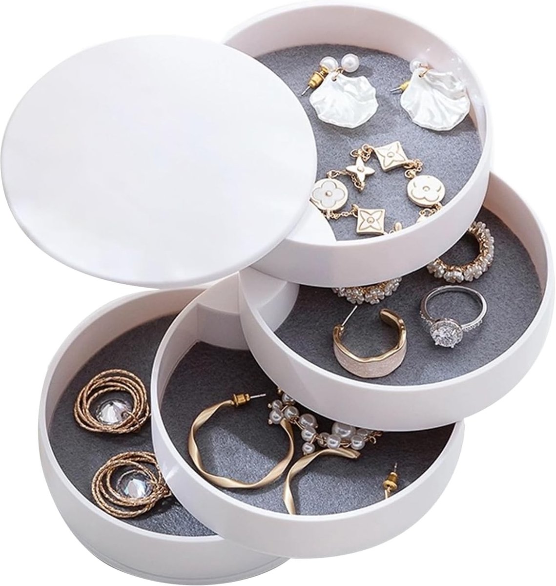 SnelShoppen - Ronde Sieradenbox, 4 Niveaus, Draaibare Sieraden Organizer voor Meisjes, Geschikt voor Ringen, Oorbellen en Kettingen - Wit