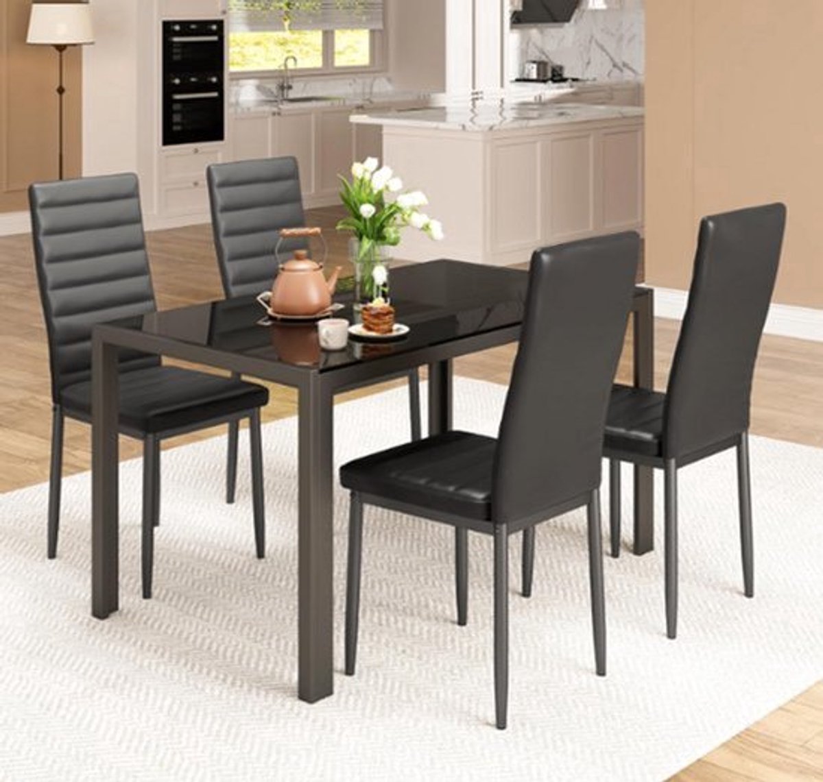 Eettafelset – Eettafel – Tafel met Stoelen – Eetkamerset – Zwart Eettafelmeubel – Gehard G