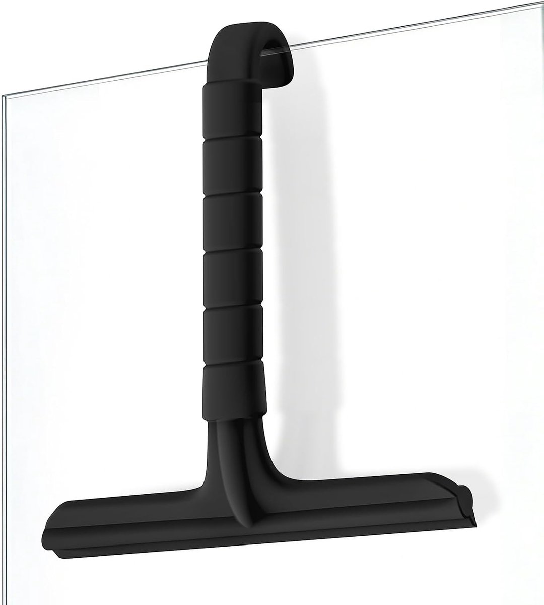 SnelShoppen - Silicone Douche Trekkertje met Haak - Streeploze Badkamer Raamreiniger voor Glasdeuren, Tegels, Spiegels, Zwart - Huishoudelijk Schoonma