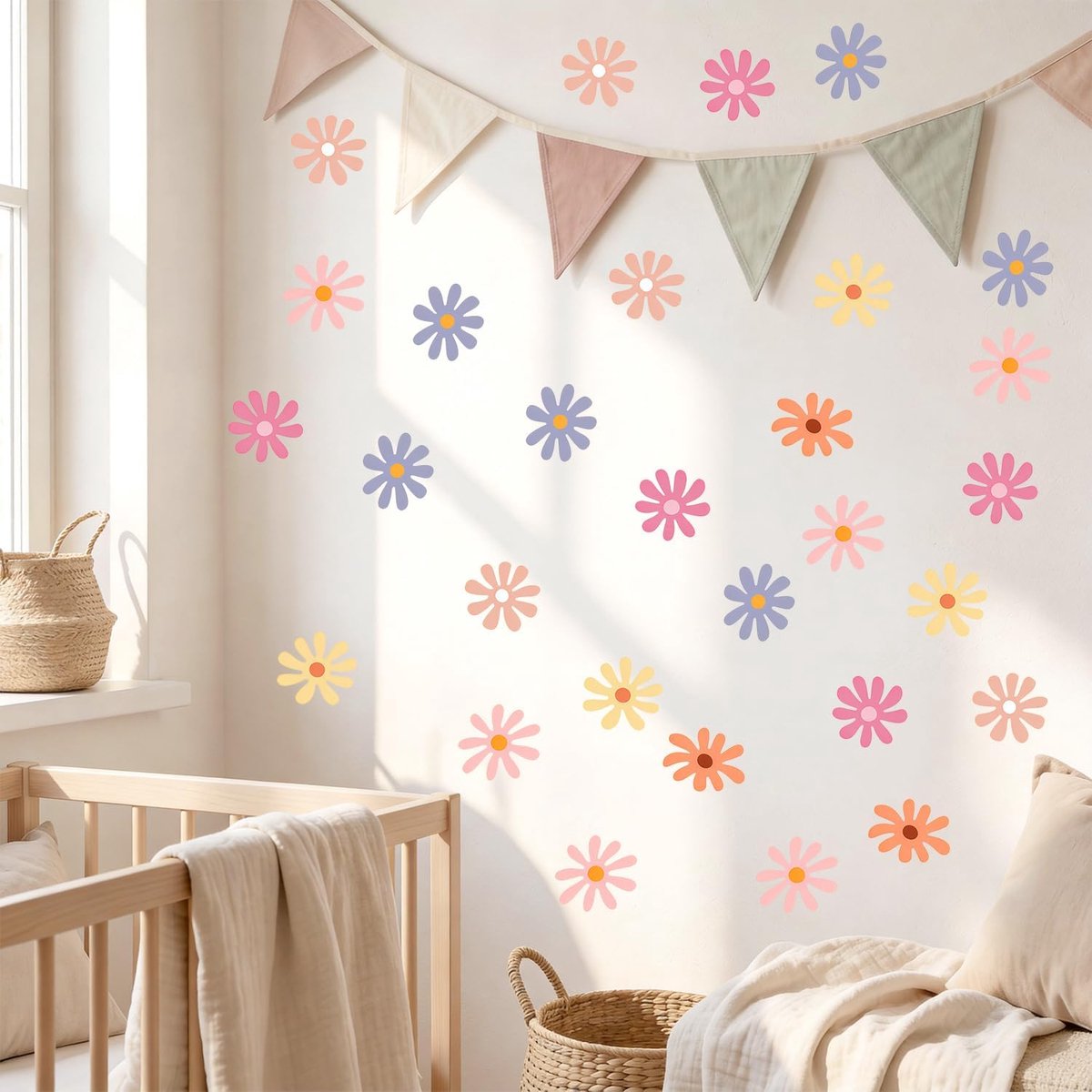 SnelShoppen - Bloemen Muurstickers Set van 4 Vellen Boho Madeliefje Wanddecoratie voor Kinderkamer, Babykamer, Meisjeskamer, Woonkamer en Klaslokaal,